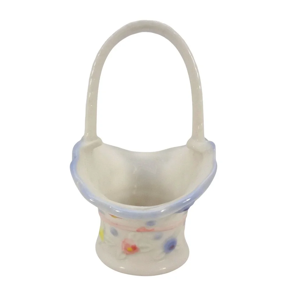 Vintage Miniature‎ Ceramic Floral Basket Hand Painted White Blue Porcelain Decor